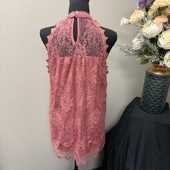 Paper + Tee Dusty Rose Lace Halter Top Keyhole Back Romantic Boho XL - Picture 3 of 8